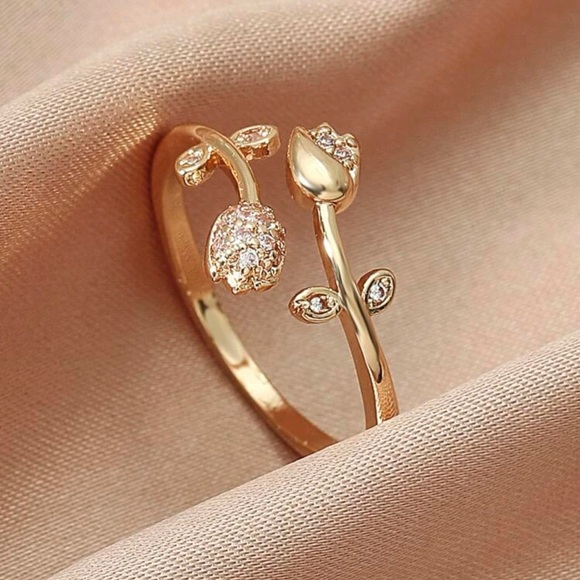 Restock- Floral Cuff Ring with Rhinestones - Picture 1 of 5